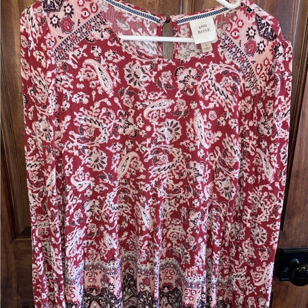 Knox Rose Red Floral Oversized BoHo Festival Hippie Lovely Blouse L